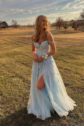 Chic Tulle Floral Lace Off-the-Shoulder A-Line Prom Dress Evening Gown DMP282